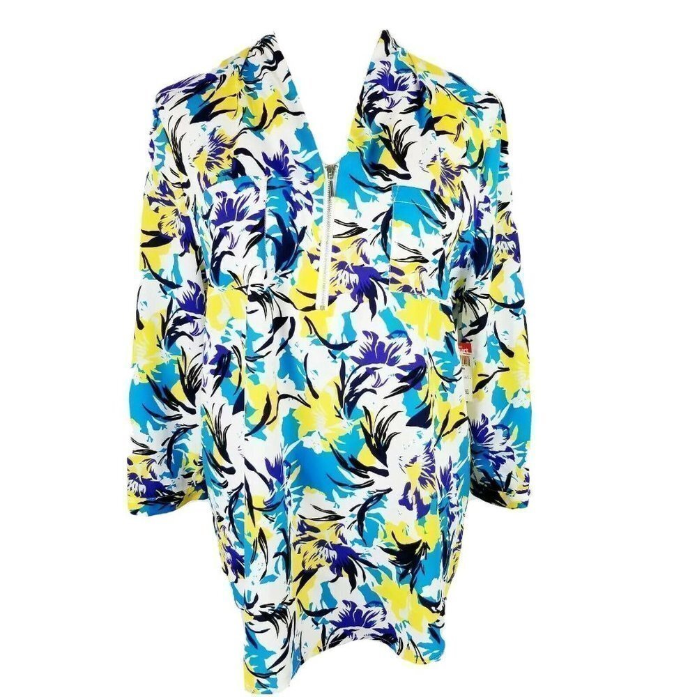 Jaclyn Smith Multicolor Floral 3/4 Sleeve Hi-Low Zipper Blouse Women's S/M/L NEW